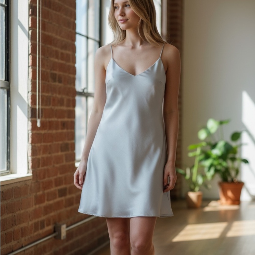 Silky V-Neck Slip Dress - Light Silver